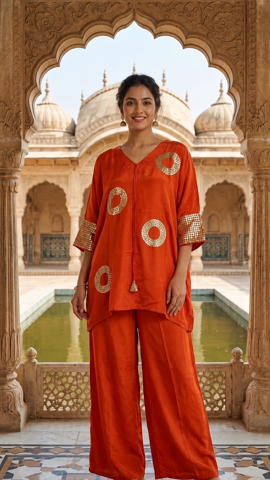 Orange Silk Blend Tikki Work Kaftaan Set