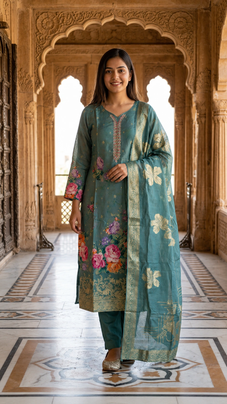 Light Slate Blue Pure Silk Floral Kurti Set