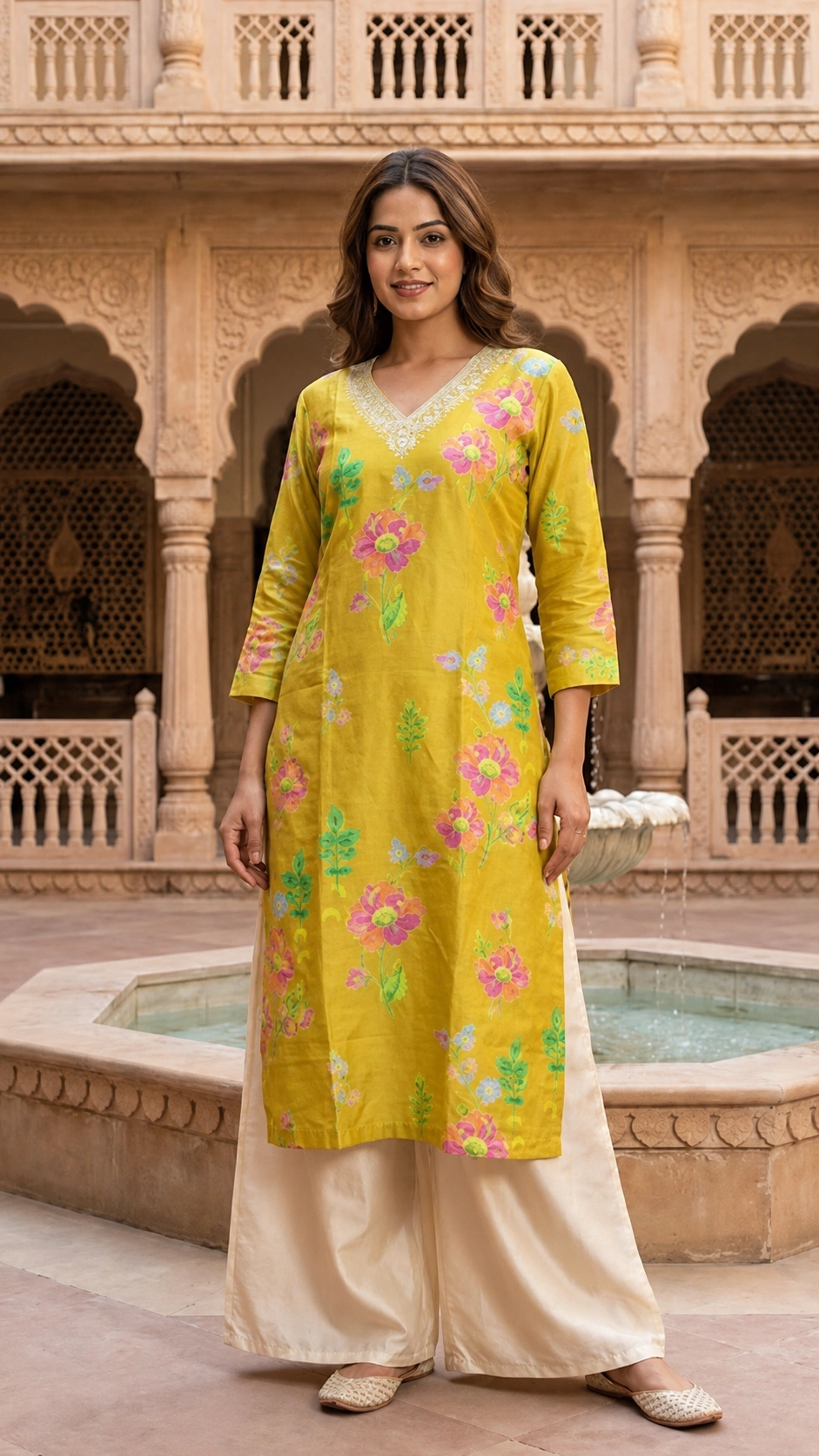 Mustard Gaji Silk Floral Print Kurti